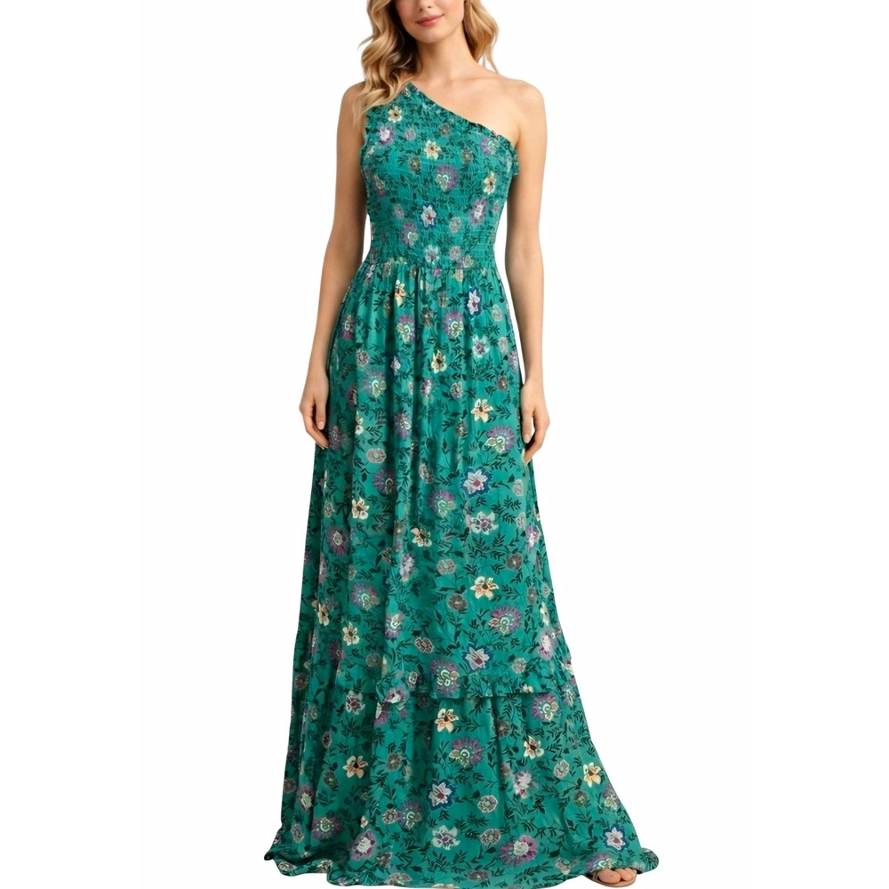 Knox Rose Womens Green Floral One Shoulder Maxi Dress Rayon Smocked Ruffle M